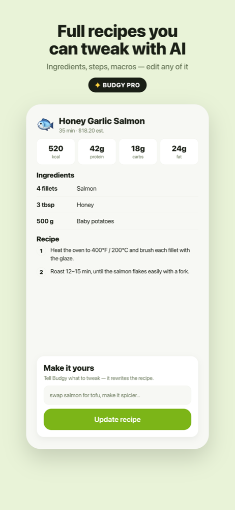 Budgy recipe view with steps and nutrition