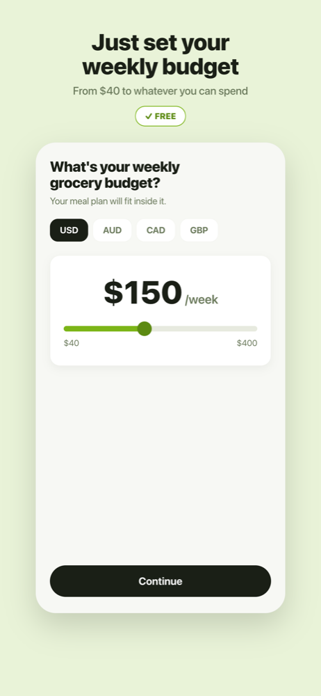 Budgy app screen: set your weekly grocery budget with a slider